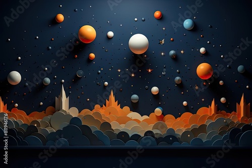 Create a three-dimensional illustration of a starry night sky with planets and clouds in a paper-cut style