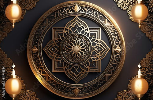 Elegant Islamic New Year creative card with gold line geometric pattern. Celebration background