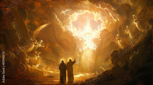 heaven's gate, Saint Francis and a young man stand before the gate, Inside, a celestial celebration with angels blowing trumpets in clouds, warm and holy, God's veiled light shines down from above photo