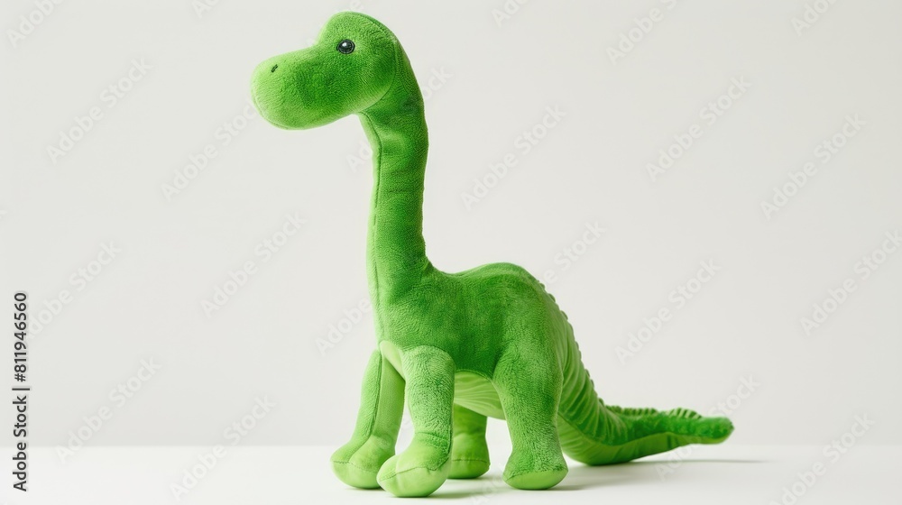 Fototapeta premium A vibrant green plush dinosaur stands solitary against a crisp white backdrop