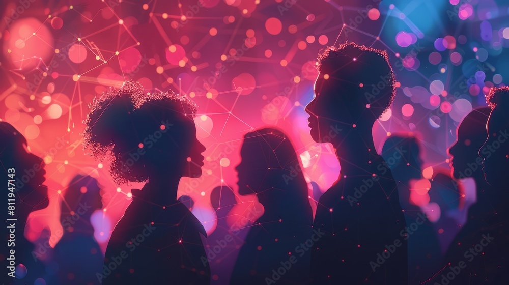 A group of diverse people are enjoying a party. They are all smiling and laughing, and the background is a blur of colorful lights. A group of diverse people are enjoying a party. They are all smiling and laughing, and the background is a blur of colorful lights.