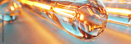 bright orange liquid inside holographic tubing array, composed symmetrically along axis, soft edges and soft shadows, cinema4D, machine wave, factory core photo