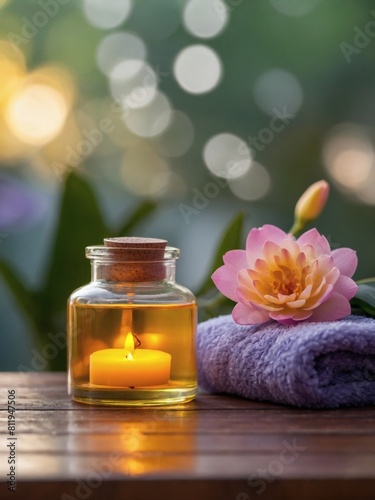 Relaxation Haven  Candle  Flowers  and Massage Oil in Spa.