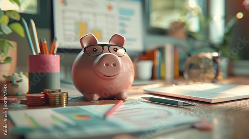A piggy bank sits on a desk. The piggy bank is wearing glasses and there are pencils and a notebook on the desk. The background is blurry.