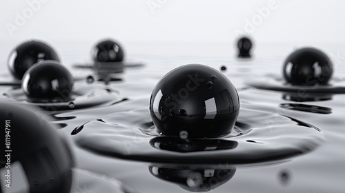 Black water drops on the surface of the water. 3D rendering