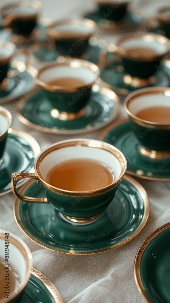 Fototapeta premium Exquisite Green and Gold Inlaid Tea Cup and Saucer Collection - Captivating 4K Wallpaper for Collectors