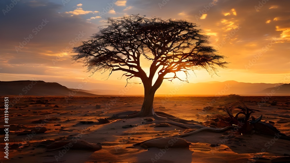 A tree is standing in a desert with a beautiful sunset in the background A tree is standing in a desert with a beautiful sunset in the background