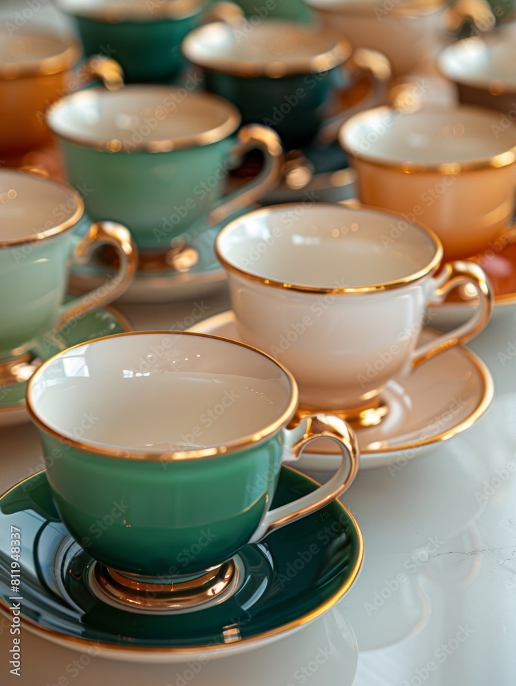 Obraz premium Exquisite Green and Gold Inlaid Tea Cup and Saucer Collection - Captivating 4K Wallpaper for Collectors