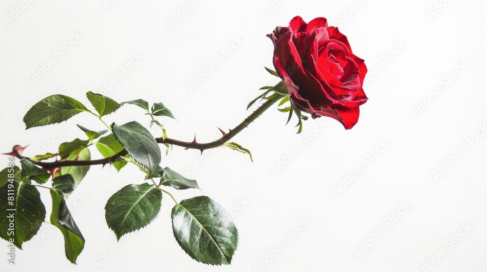 A stunning red rose in full bloom adorned with lush green leaves and a graceful branch stands out against a pristine white backdrop complete with isolation and a clipping path This timeless