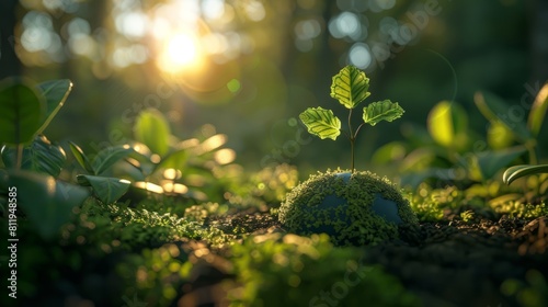 Close-up of a tiny green plant growing in the middle of a lush green forest. The sun is shining brightly in the background, creating a beautiful and serene scene. photo