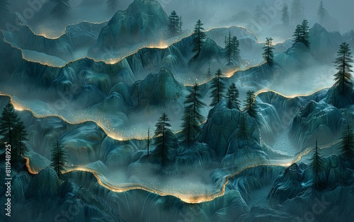 Etherreal Fantasy Mountainscape in Jade and Aqua With Golden Contours and Highlights Including Coniferous Pine Tree Forests