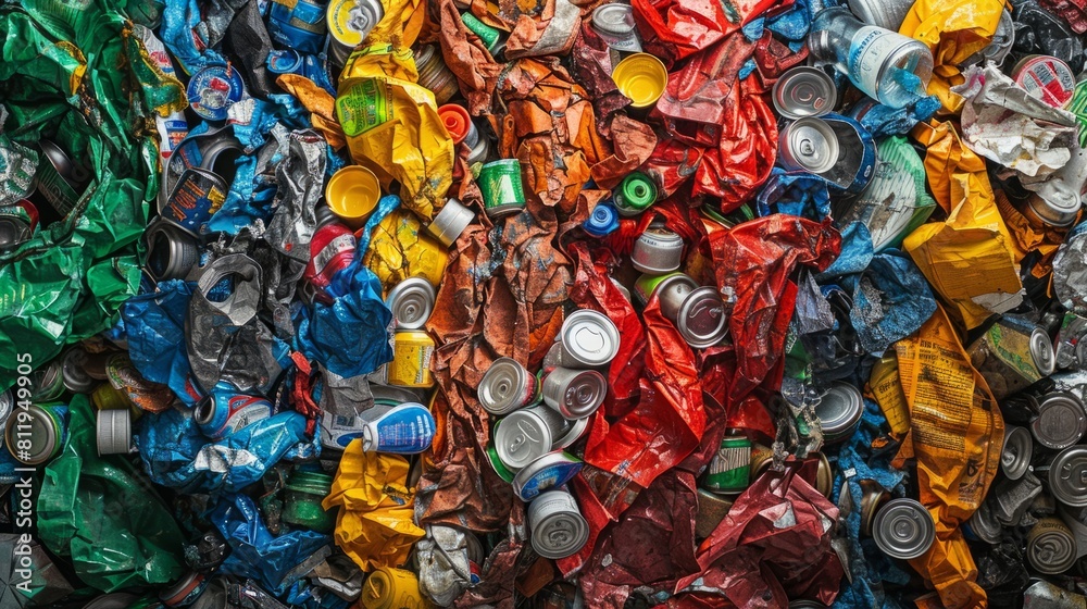 multi-colored crushed aluminum cans.