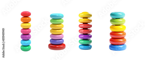 Five colorful plastic stacking toys with different bright color rings on each