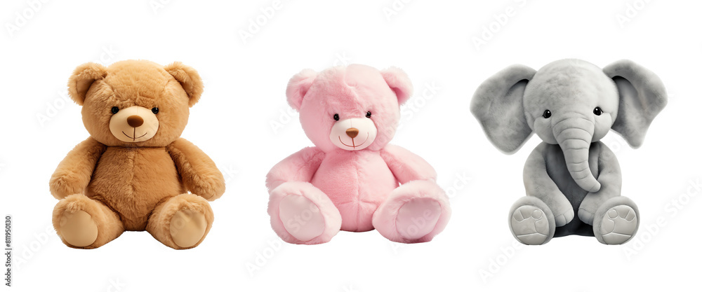 Three cute and cuddly stuffed animals. A brown bear, a pink bear, and a gray elephant.