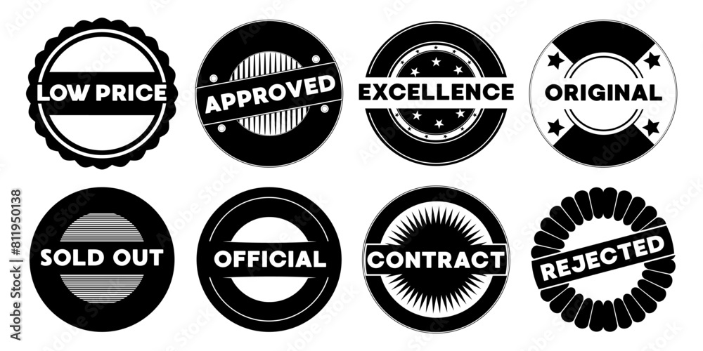 Obraz premium Approved, contract, low price, rejected, excellence, official black stamps collection on a white background