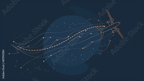 Airplane line path vector icon of air plane flight route with start point and dash line trace 