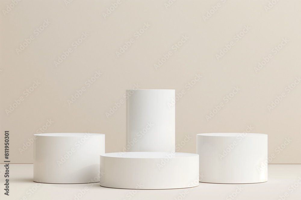 Simple white podium for the presentation of the product. beige background. Minimal. 3D rendering. Pedestals. Simple white podium for the presentation of the product. beige background. Minimal. 3D rendering. Pedestals.