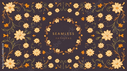 Set of floral design elements. Seamless patterns, seamless borders, circle frame. Beautiful for any plain and chic elegance designs. Vector illustration