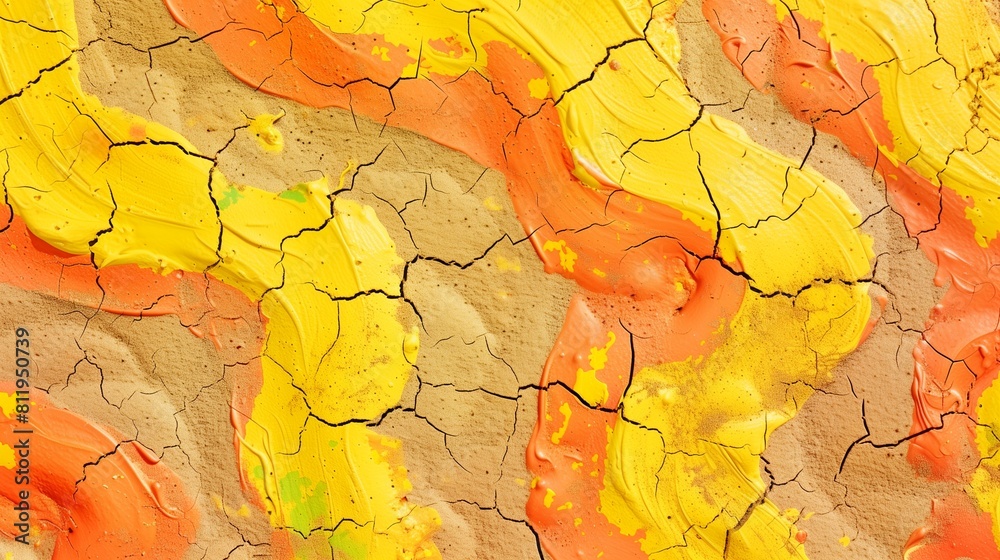 Top view full frame of abstract dried soil textured background with colorful yellow and orange stains creating curved swirls and creative patterns Top view full frame of abstract dried soil textured background with colorful yellow and orange stains creating curved swirls and creative patterns