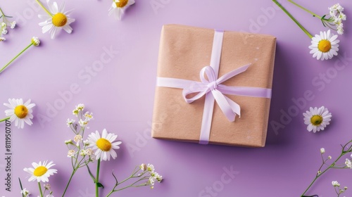 Gift box with daisy flower and ribbon purple copy space background © Montalumirock