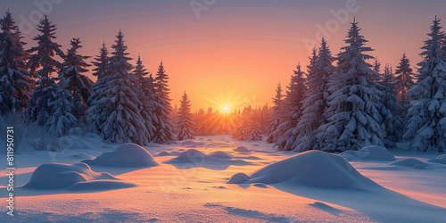 sunrise in the mountains. Image with snow and copyspace © Susana