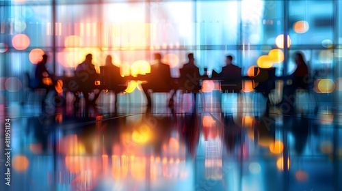 A blurred photo of business people in an office meeting room, with some out of focus silhouettes around them and the focus on one person speaking at the table. 