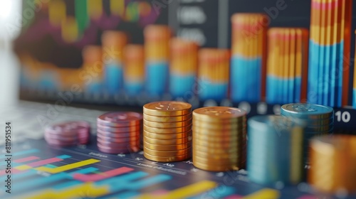 Stacks of multicolored coins in front of a blurred background of a multicolored bar graph.
