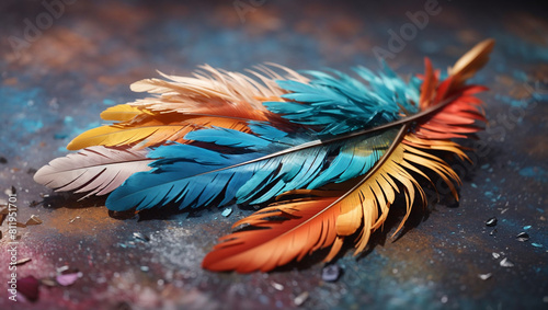 feathers are blue, orange, and yellow.