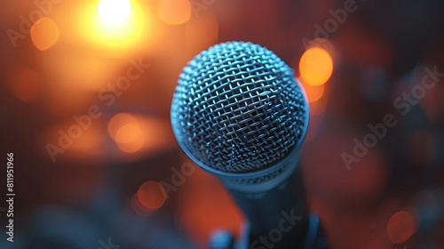 An empty microphone on stage, with the blurred background showing the audience and other items in the room. 