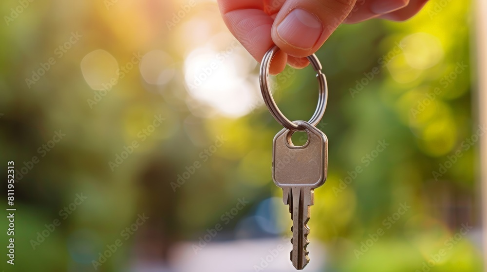 key showing key from new house rented leased purchased apartment, Moving house, relocation. New house, belongings and furniture. move in the apartment or condominium. New landlord, Becoming homeowner key showing key from new house rented leased purchased apartment, Moving house, relocation. New house, belongings and furniture. move in the apartment or condominium. New landlord, Becoming homeowner
