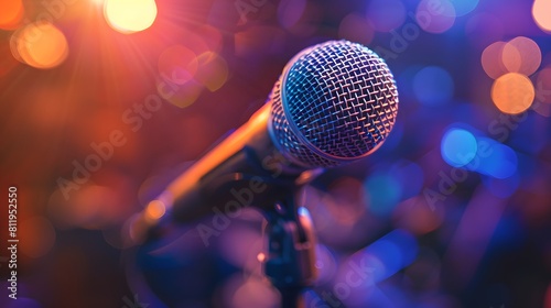 An empty microphone on stage  with the blurred background showing the audience and other items in the room. 