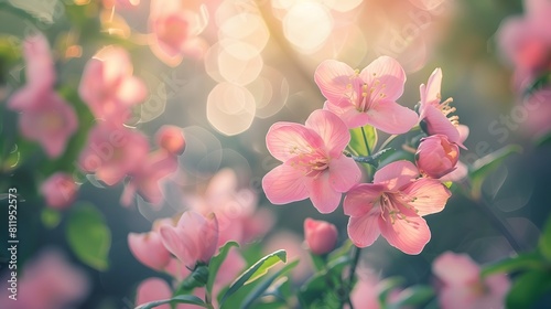 Delicate pink flowers blooming in the sunlight  with blurred greenery and bokeh background creating an enchanting garden scene. 