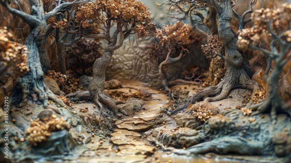 The image is a diorama of a forest The image is a diorama of a forest