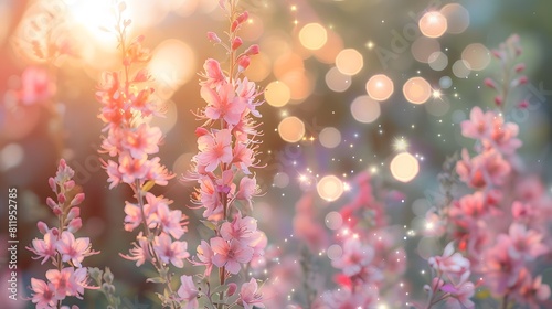 Delicate pink flowers blooming in the sunlight, with blurred greenery and bokeh background creating an enchanting garden scene. 