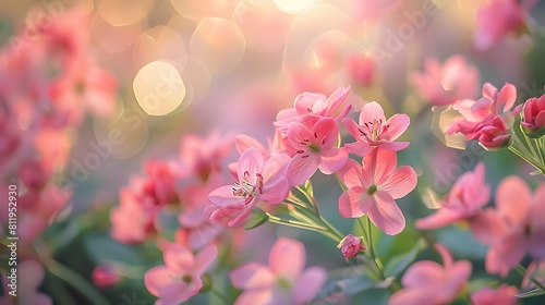 Delicate pink flowers blooming in the sunlight  with blurred greenery and bokeh background creating an enchanting garden scene. 