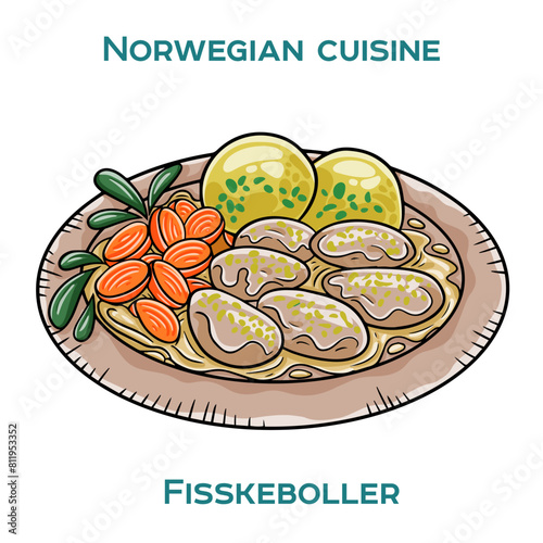 Traditional Norwegian food. Fisskeboller on white background. Isolated vector illustration.