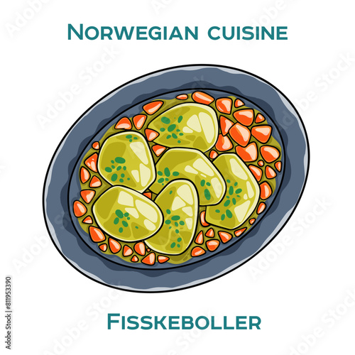 Traditional Norwegian food. Fisskeboller on white background. Isolated vector illustration.