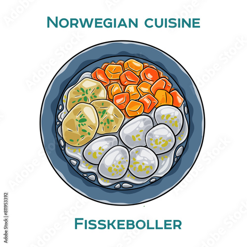 Traditional Norwegian food. Fisskeboller on white background. Isolated vector illustration.