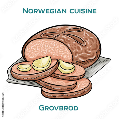 Traditional Norwegian food. Grovbrod on white background. Isolated vector illustration.