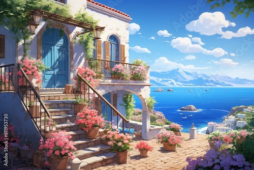 A sunny seaside house adorned with colorful flowers, perched above a clear blue bay.