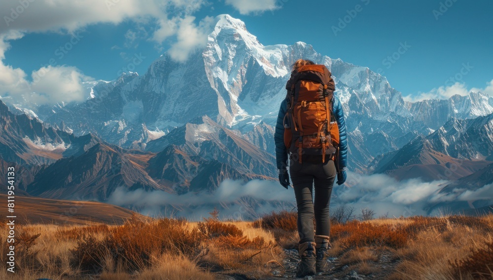 Obraz premium Against a backdrop of snow-capped peaks, a hiker pauses to take in the breathtaking view spread out before them. In the serenity of the mountains, time seems to stand still.