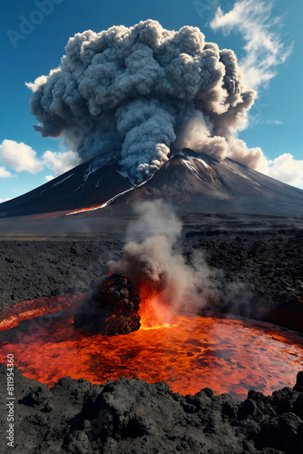 View of volcanic eruption, volcanic lava up from crater above, clouds and steam in sky.  Scenery of crater from fire volcano. Global earth ecological concept. Gen ai illustration. Copy ad text space © Alex Vog
