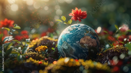 a beautiful planet Earth with a flower growing on it, symbolizing the beauty and wonder of our planet and the importance of protecting it.