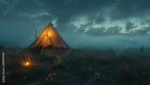 As night falls, a lone tent is illuminated from within, a beacon of warmth and shelter against the darkness. © 2D_Jungle