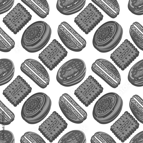 Cupcakes with stuffing and crackers on the white background. Sweet set. Seamless pattern for decoration of restaurants, bakeries, pastry shops. jpg