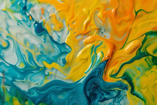 Beautiful abstraction of liquid paints in slow blending flow mixing together gently