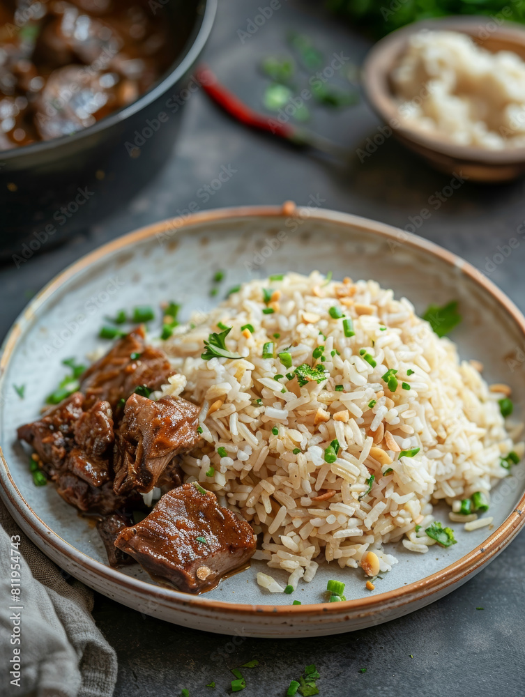 Zimbabwean peanut butter rice, a traditional dish cooked with peanut butter and served with a hearty meat stew, presented on a plate. Zimbabwean peanut butter rice, a traditional dish cooked with peanut butter and served with a hearty meat stew, presented on a plate.