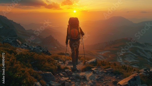 A lone hiker, silhouetted against the golden hues of a setting sun, ascends a rugged mountain trail.