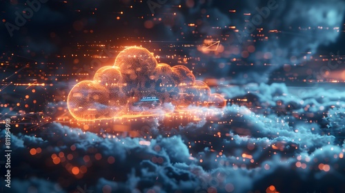 A glowing cloud symbolizing the idea of data in the clouds, surrounded in the style of network connections representing various digital devices connected to it. 
 photo