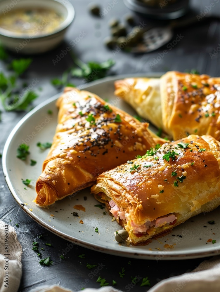 Tunisian brik, a thin pastry filled with egg, tuna, and capers, served on a light plate. A flavorful and traditional dish from Tunisia. Tunisian brik, a thin pastry filled with egg, tuna, and capers, served on a light plate. A flavorful and traditional dish from Tunisia.
